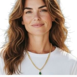 Gold Cuban Chain Green Tear Drop Necklace Countryside Prep Whimsigoth Showgirl